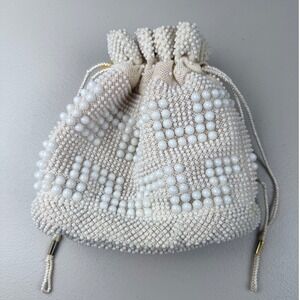 Vintage Cream Beaded Drawstring Pouch Bag Faux Pearl Bridal Wedding Clutch